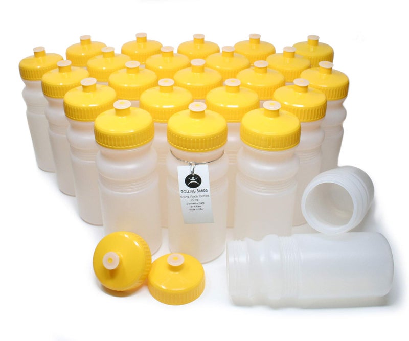 Rolling Sands Reusable Bulk Water Bottles 24 Pack - 20 Oz Sports Water Bottles, USA Made, BPA-Free, Wide Mouth for Easy Cleaning, Dishwasher Safe, Break Resistant - Clear Frost Bottle/Yellow Lid - Image 1